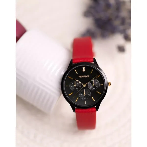 Női karóra, Perfect E372-07, fekete számlap, piros bőrszíj, 36 mm