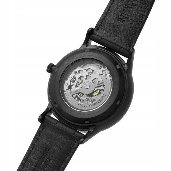 Emporio Armani férfi automata skeleton karóra, 43 mm, fekete bőr
