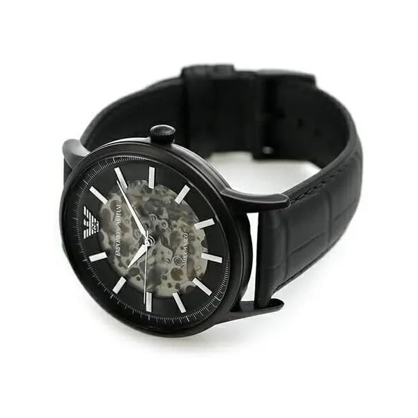 Emporio Armani férfi automata skeleton karóra, 43 mm, fekete bőr