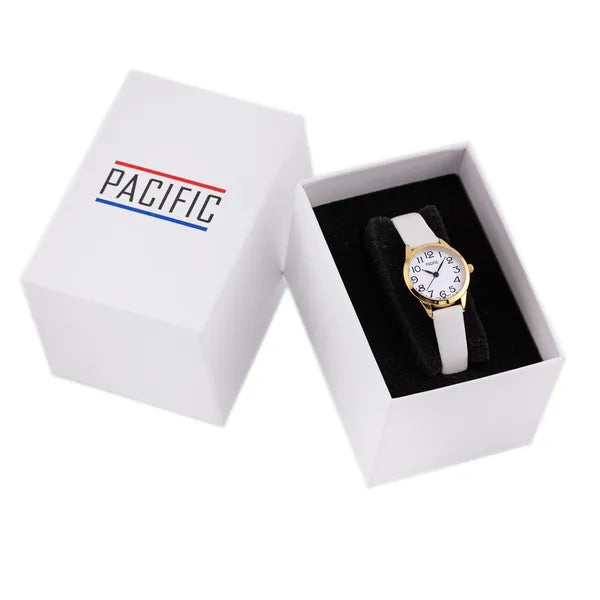Női karóra Pacific X6131-04, 26 mm, arany tok, fehér bőrszíj, quartz
