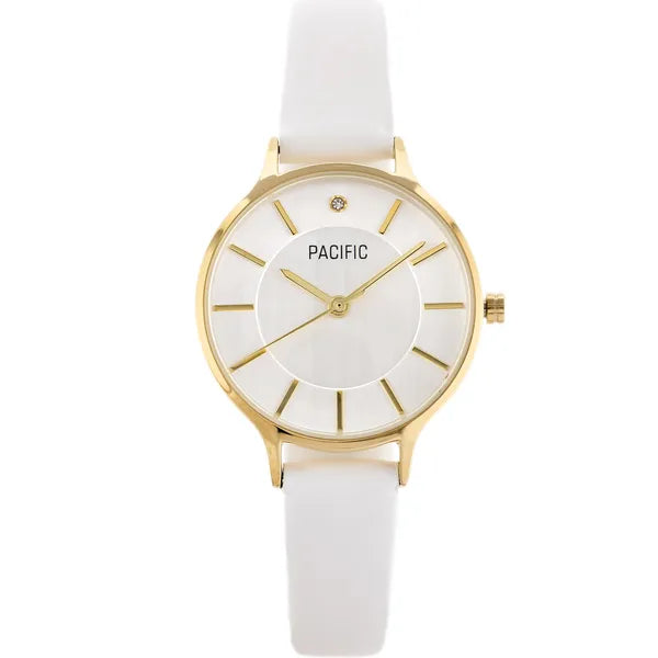 Pacific női karóra arany tokkal, ezüst számlappal, fehér bőrszíj 30 mm