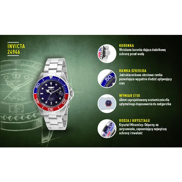 Invicta Pro Diver férfi búváróra, 40 mm, rozsdamentes acél, WR200