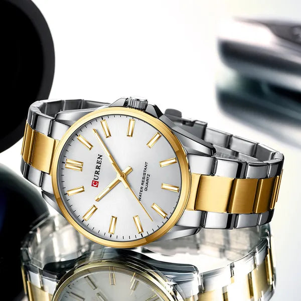 Curren 9090G férfi karóra, kvarc, 44 mm, ezüst-arany acél szíj, díszdoboz