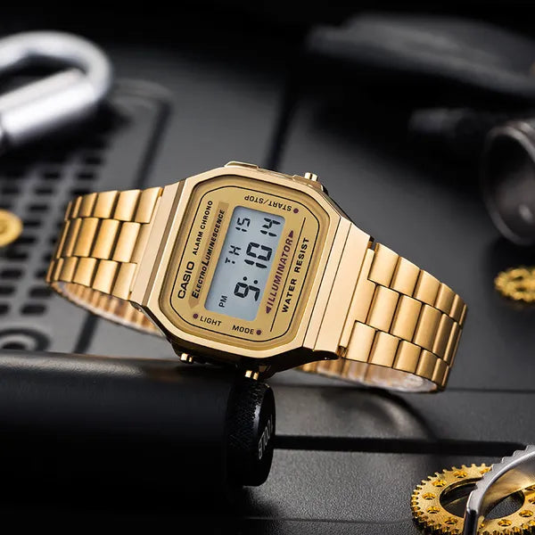 Casio A168WG-9W uniszex arany digitális retro karóra, rozsdamentes szíj, WR30