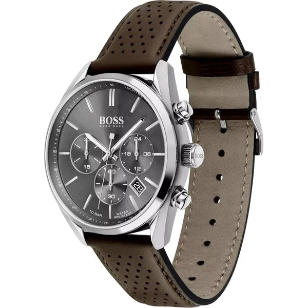 Hugo Boss Champion férfi kronográf karóra, 44 mm, barna bőrszíj