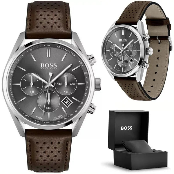 Hugo Boss Champion férfi kronográf karóra, 44 mm, barna bőrszíj