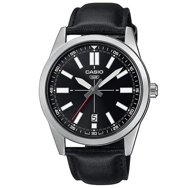 Casio férfi karóra fekete bőrszíjjal, 41 mm, dátumkijelzős, WR30