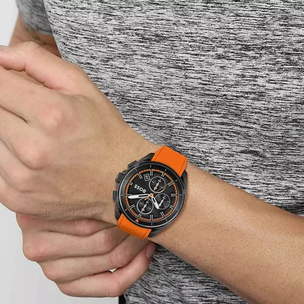 Hugo Boss Volane 1513957 férfi kronográf karóra, fekete tok, narancs szíj, 44 mm