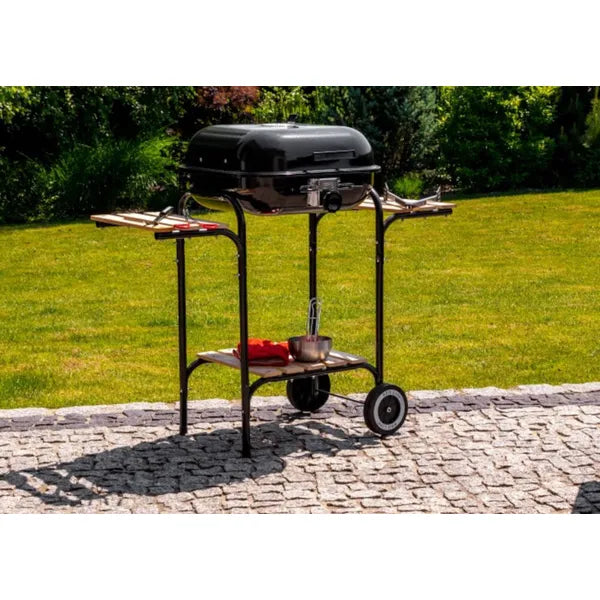 Kerti faszenes grill fedéllel, állítható rostéllyal, fa polcokkal 94×49×82 cm