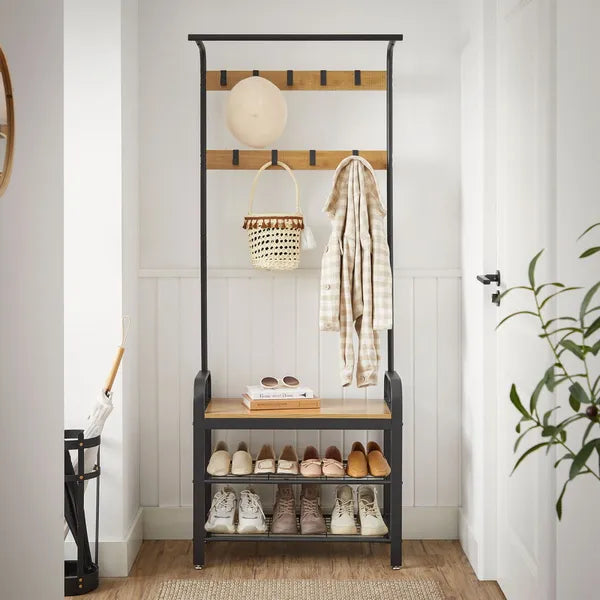 Mézbarna LOFT ruhafogas 9 akasztóval, 3 cipőtartó polccal, 72×34×183 cm