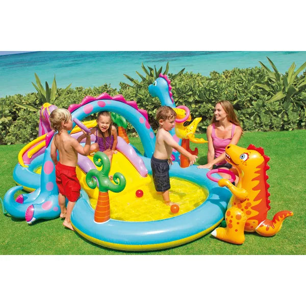 Intex Dinoland felfújható gyerek játszótér csúszdával, szökőkúttal 333×229 cm
