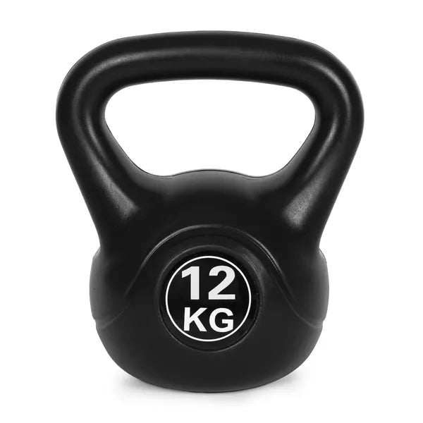 Kettlebell 12 kg, műanyag burkolat, ergonomikus markolat, lapos talppal