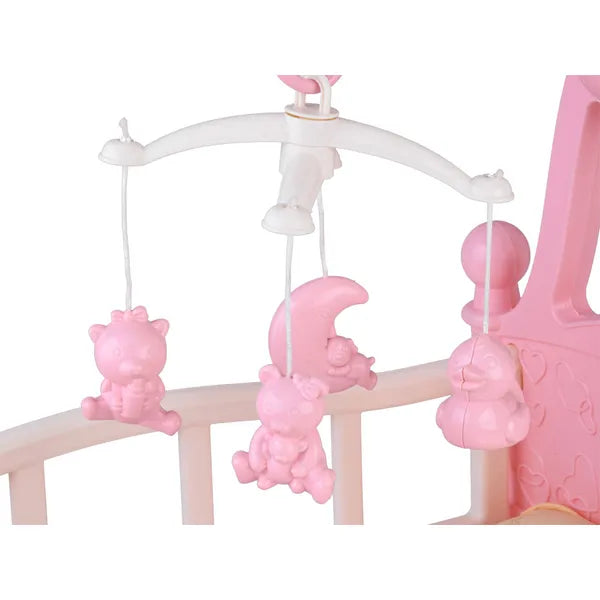 Műanyag baba bölcső és ágy 42 cm-ig, körhintával, kiegészítőkkel