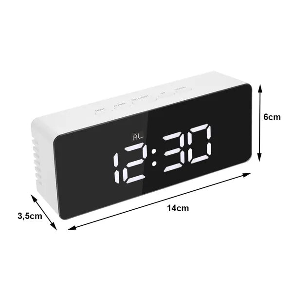 Fehér LED tükör kijelzős ébresztőóra hőmérővel, USB/AAA, 14 cm