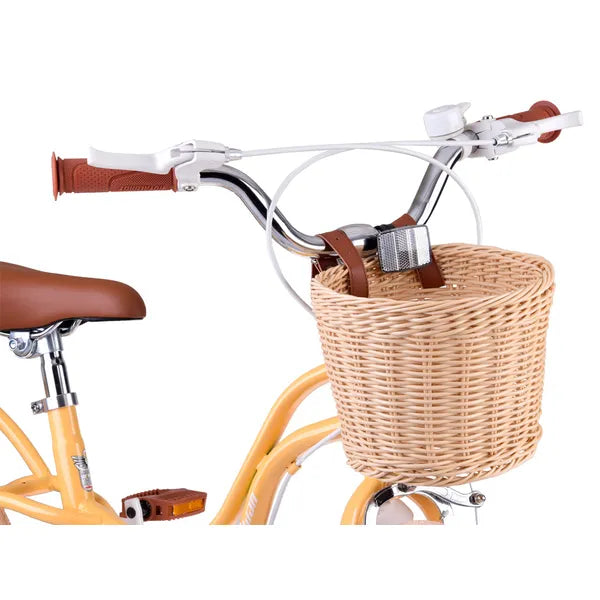 Retro 16" lány gyermekkerékpár kosárral, oldalkerekekkel, sárga