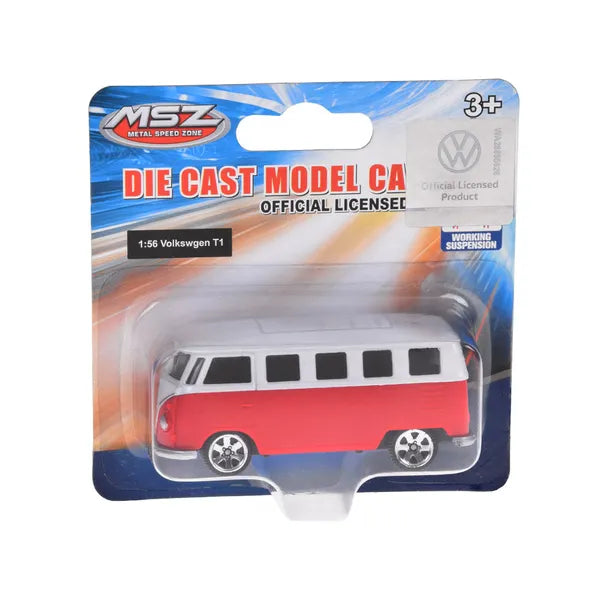 Volkswagen T1 fém visszahúzós kisautó, 1:56 méretarány, piros/fehér