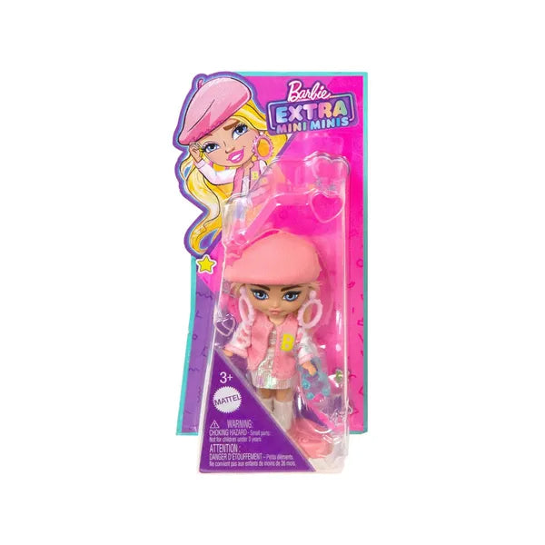 Barbie Extra Mini Minis divatbaba, 8,5 cm, rózsaszín beret, kiegészítőkkel