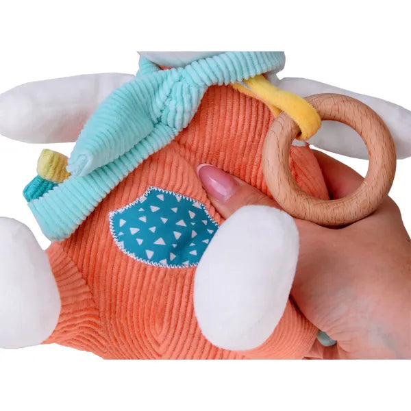 Piros rókás babakocsi függő csörgő fa karikával 24 cm