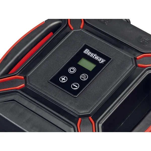 Bestway 12V nagy nyomású elektromos autós légszivattyú, LCD, 0-16 PSI, 4 fúvóka