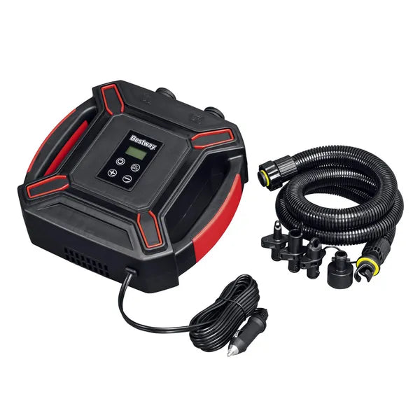 Bestway 12V nagy nyomású elektromos autós légszivattyú, LCD, 0-16 PSI, 4 fúvóka