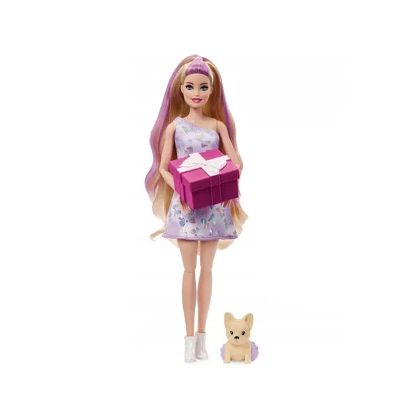 Barbie Party Unboxed születésnapi készlet baba + csivava, 10 meglepetés