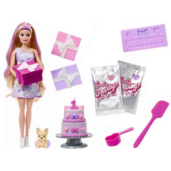 Barbie Party Unboxed születésnapi készlet baba + csivava, 10 meglepetés