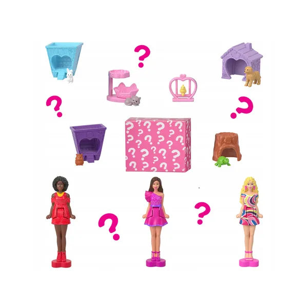 Mini Barbie babaház lifttel és meglepetés babával, kisállattal, 11 cm