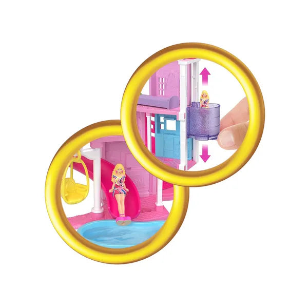 Mini Barbie babaház lifttel és meglepetés babával, kisállattal, 11 cm