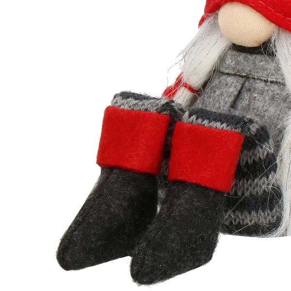 Karácsonyi textil női manó dísz, 38 cm, ülő, lógó lábakkal