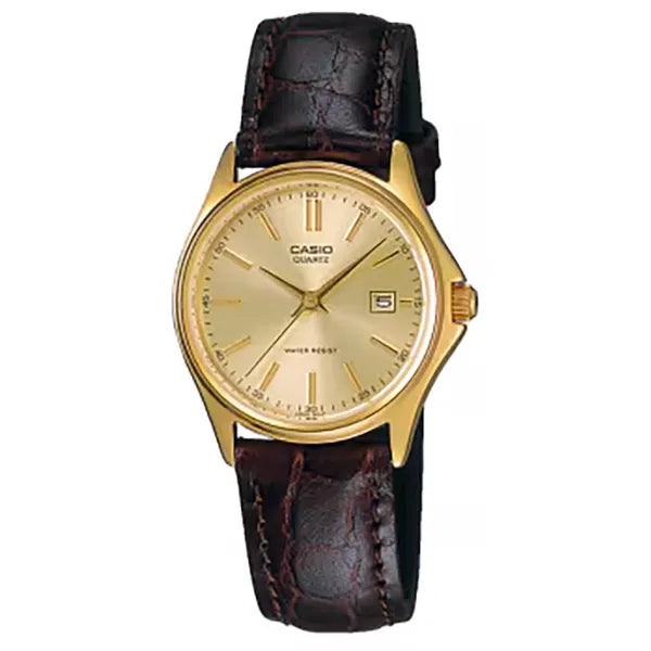 Női kvarc karóra Casio LTP-1183Q-9A, arany számlap, barna bőrszíj, WR30