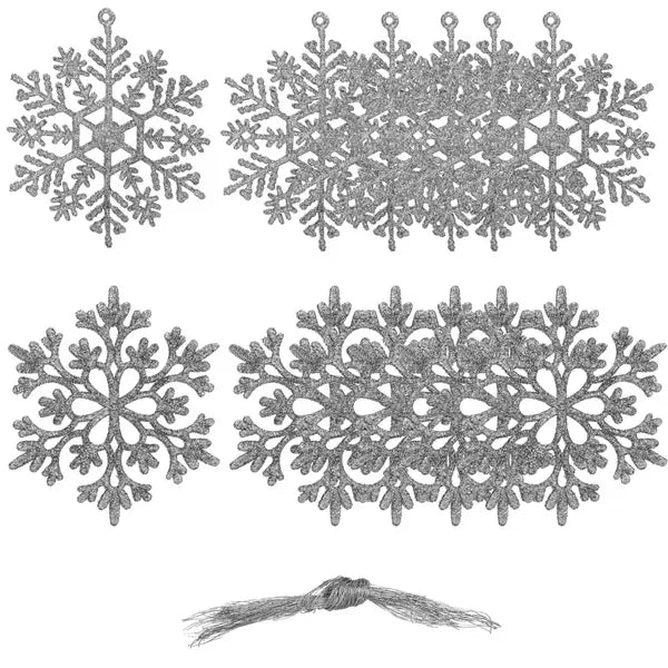 Karácsonyi glitteres hópehely dísz, 10 cm, ezüst, 12 db