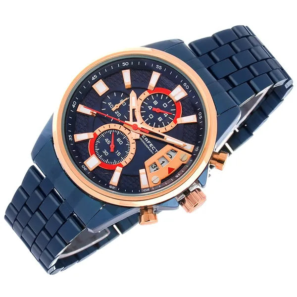 Férfi kronográf karóra – Miyota quartz, 43 mm, kék/rózsaarany, acél szíj