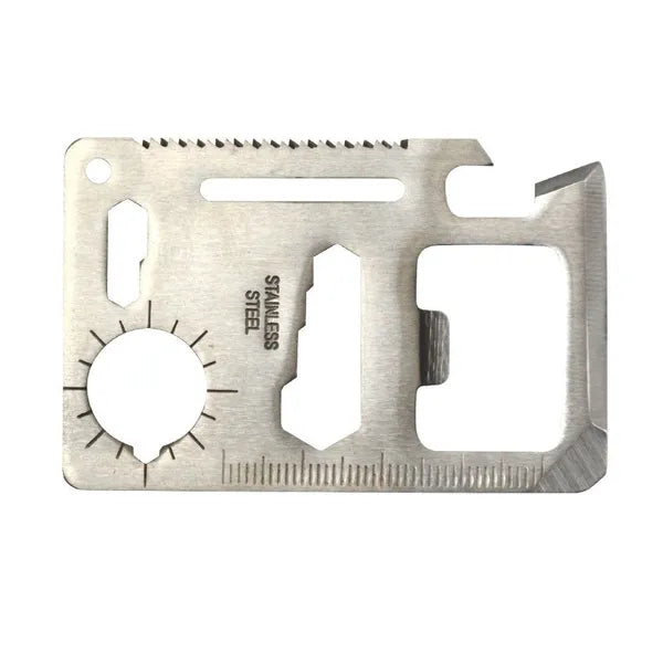 11 funkciós rozsdamentes acél túlélőkártya bőr tokkal, 6.7×4.5 cm