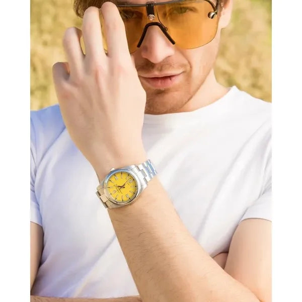 Donoval automata karóra, 41 mm, sárga számlap, zafírüveg, acél szíj