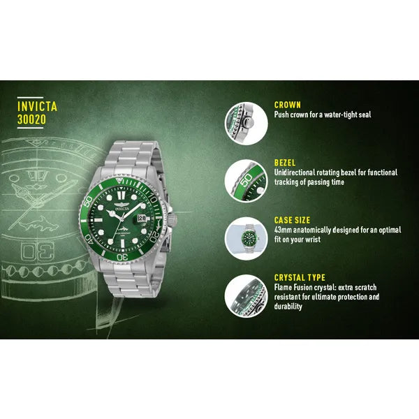 Invicta Pro Diver 30020 férfi búváróra zöld számlappal, WR100, acél