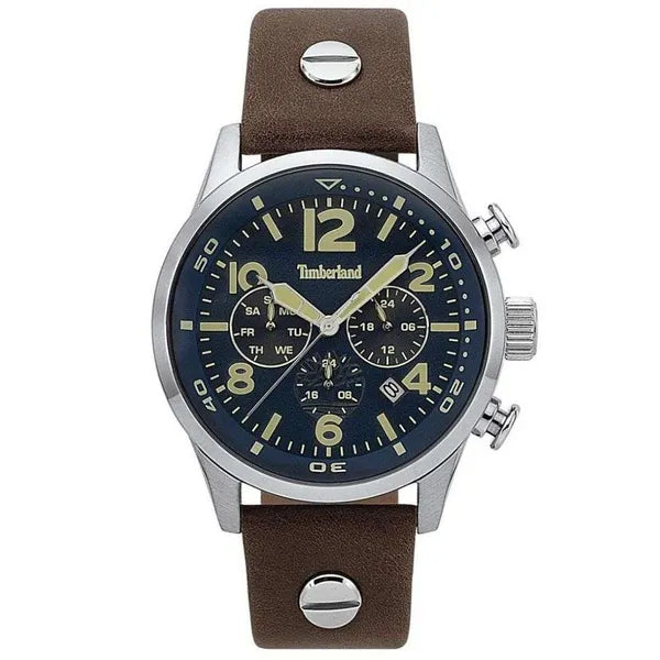 Timberland férfi kvarc karóra, 44 mm acél tok, barna bőrszíj, kék számlap