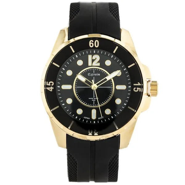 Extreim férfi karóra, fekete szilikon szíj, arany tok, 47 mm