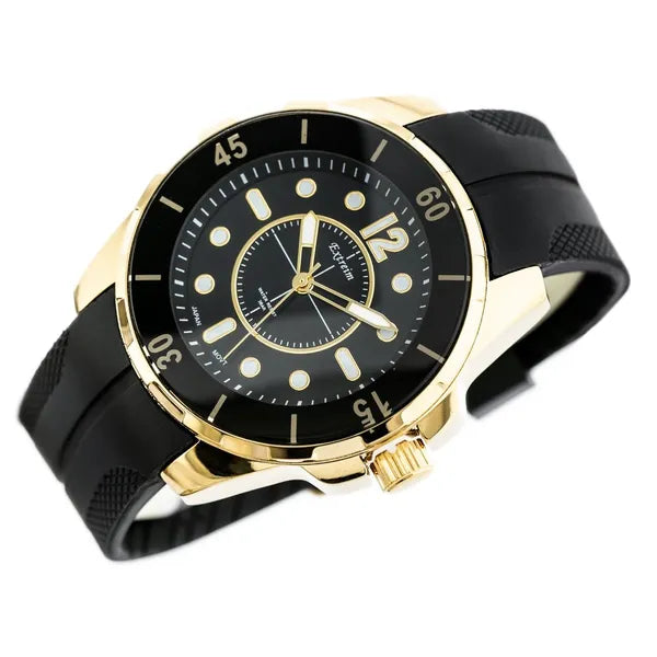 Extreim férfi karóra, fekete szilikon szíj, arany tok, 47 mm