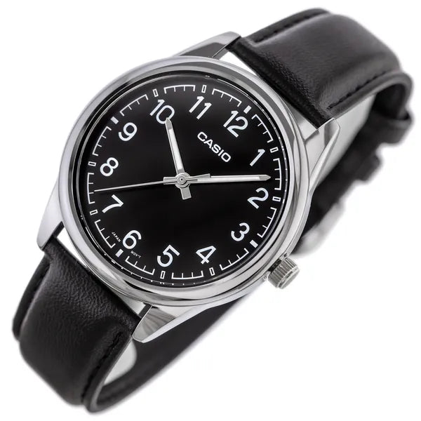 Casio férfi kvarc karóra bőrszíjjal, fekete számlap, 40 mm, WR30