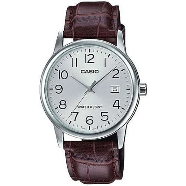 Casio MTP-V002L-7B2 férfi karóra barna bőrszíjjal ezüst számlappal 44mm WR30