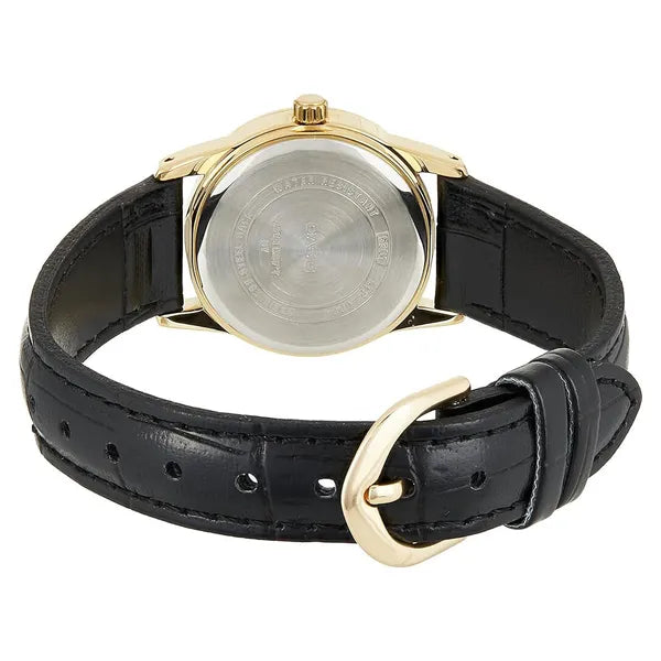 Casio női karóra, arany 24 mm tok, fekete bőrszíj, WR30