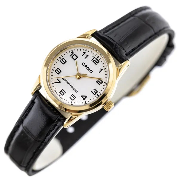 Casio női karóra, arany 24 mm tok, fekete bőrszíj, WR30