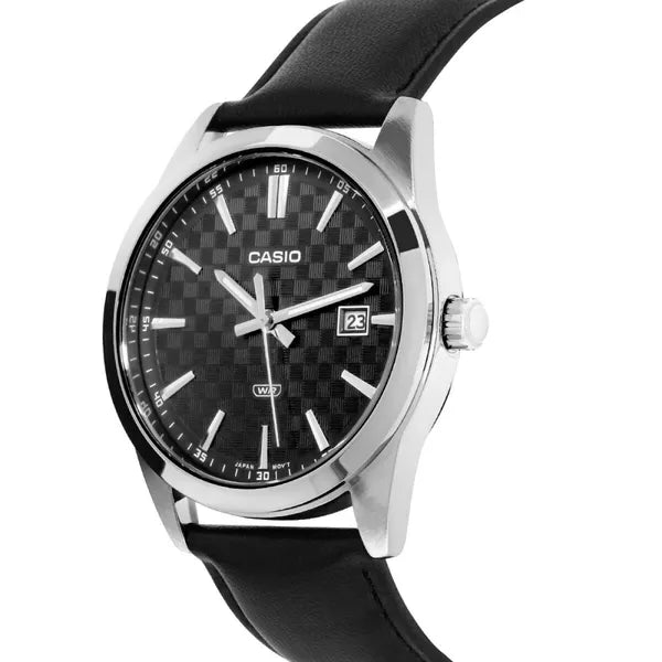 Casio MTP-VD03L-1A férfi karóra, bőrszíj, fekete-számlap, 42 mm