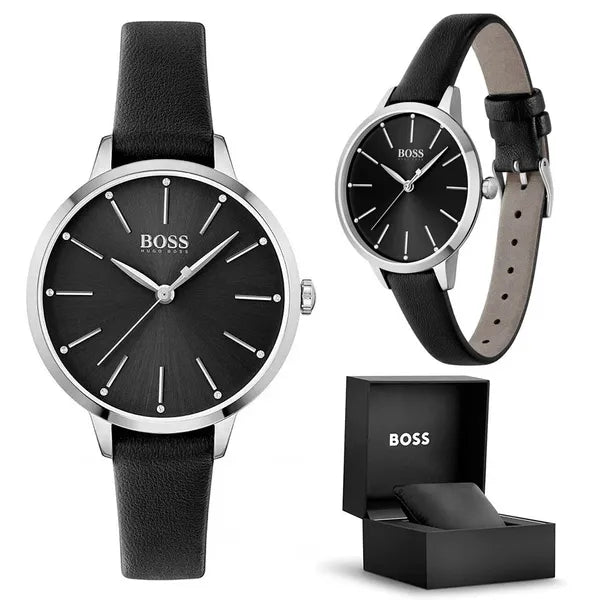 Hugo Boss Symphony női karóra, 38 mm, fekete bőr szíj, ezüst tok