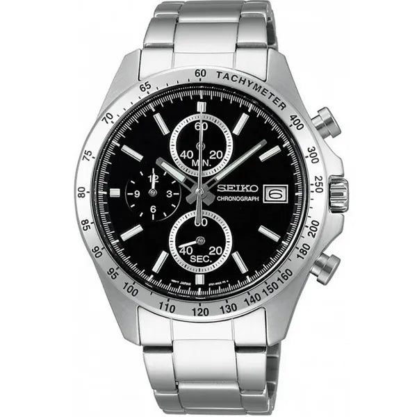 Seiko férfi kronográf karóra quartz acél WR100 fekete számlap