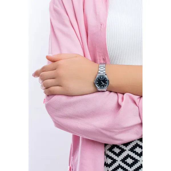 Casio női karóra LTP-V005D-1A, rozsdamentes acél, 28 mm, fekete számlap