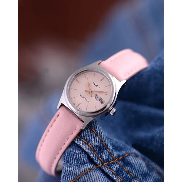 Casio LTP-V006L-4B női karóra rózsaszín bőrszíjjal, acél tok, dátum, WR30