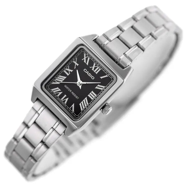 Casio női karóra LTP-V007D-1B, téglalap tok, acél szíj, fekete számlap
