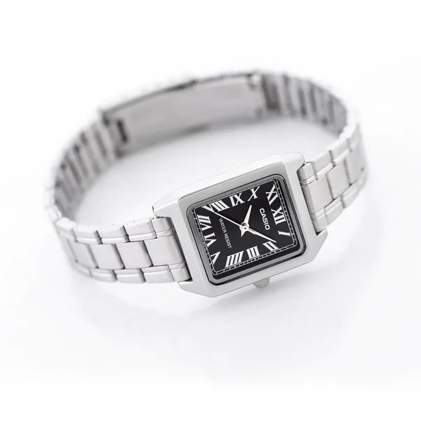 Casio női karóra LTP-V007D-1B, téglalap tok, acél szíj, fekete számlap