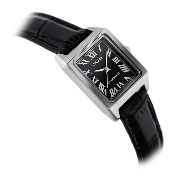 Női Casio quartz karóra téglalap acél tokkal fekete bőr szíjjal